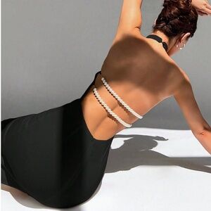 Black Long Backless Pearl String Detail Halter Maxi Dress